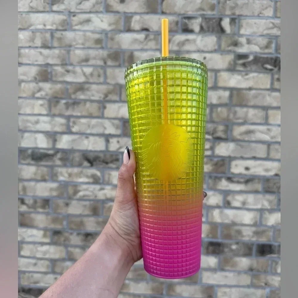 Starbucks 24 oz Cold Tumbler Cup with Straw - yellow and pink ombré